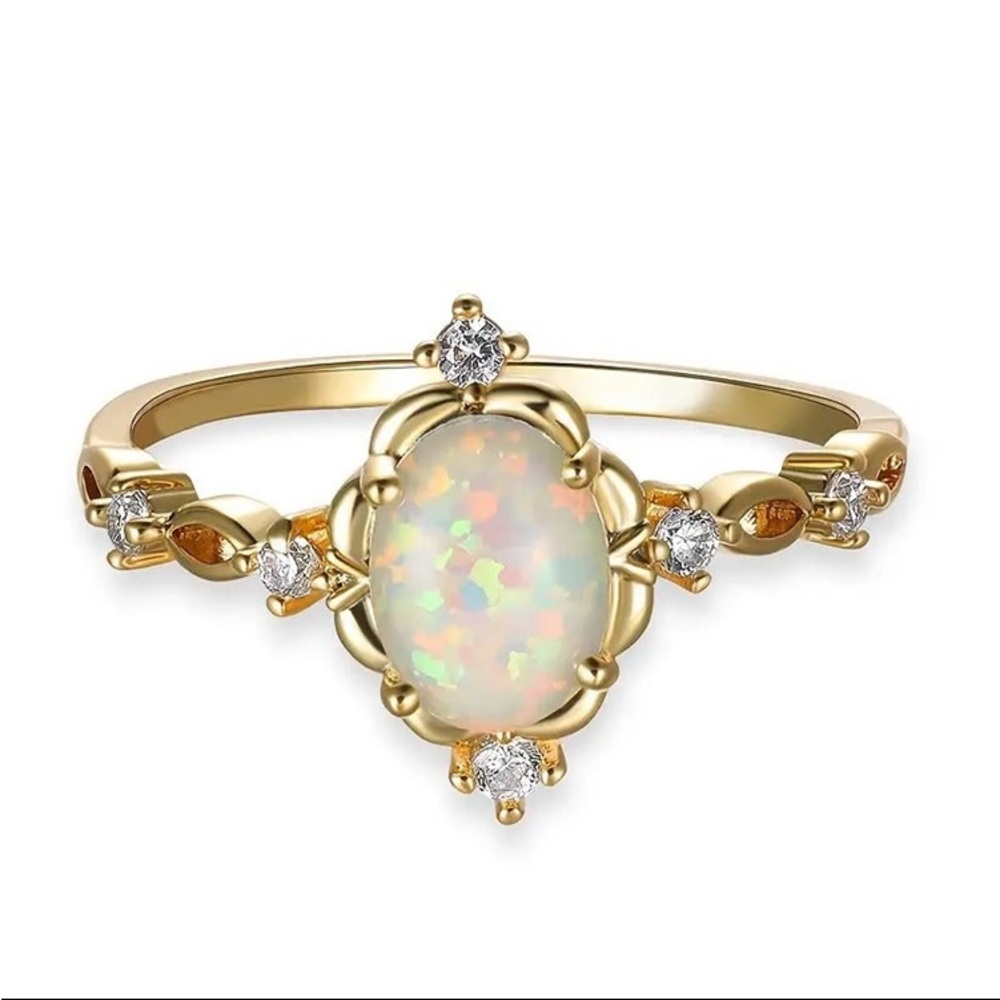 White Opal Oval Stone Engagement Rings 18K Goldplated